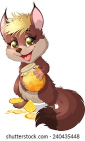 squirrel holding a jar of jam in their paws on white background