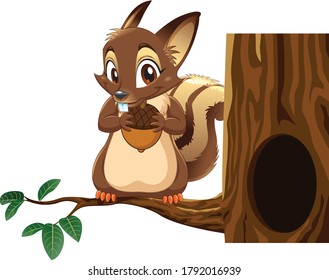 Squirrel Holding Nut on tree cartoon vector art art and illustration