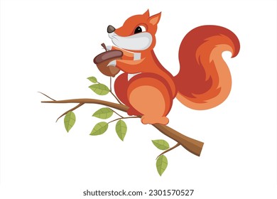 A squirrel holding a nut and standing on a tree branch