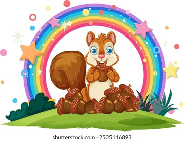 Squirrel holding pine cones under a rainbow