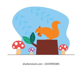 Squirrel holding a walnut to eat, standing on a log of a logged tree, forest vector illustration.