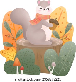 A squirrel holding a walnut stands on a stump.