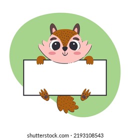 Squirrel holding a white banner. Cute hand-drawn vector illustration with green background. Editable card template.