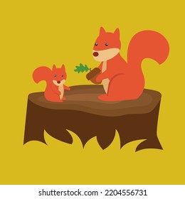 A squirrel holds an acorn and a small squirrel sits on a stump
