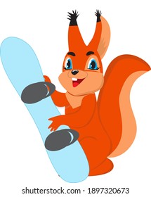 Squirrel holds a snowboard with his hands