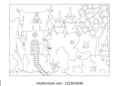 Squirrel house on a stump in the woods. Sheet for children's coloring books. Vector