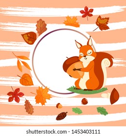 Squirrel hugging acorn and standing on grass in forest banner vector illustration. Loving nuts. Animal likes eating food. Cute, lovely character. Forest or lawn. Falling colorful leaves.