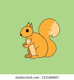 Squirrel image isolated on green background. It has large cute eyes, fluffy tail. Cute furry animal- rodent 