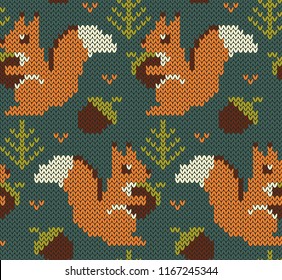 Squirrel jacquard knitted seamless pattern. Forest background with cute animals. Vector illustration.