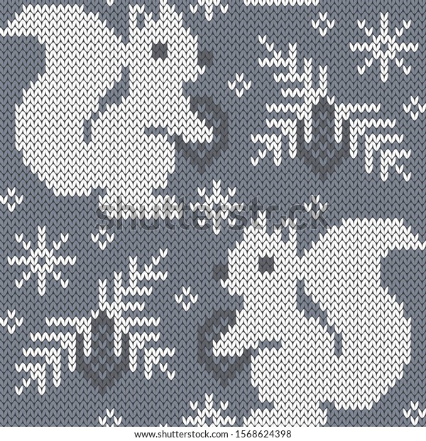 リスジャカード編みのシームレスな模様 白黒の背景に冬の枝を持つかわいい動物 ベクターイラスト のベクター画像素材 ロイヤリティフリー