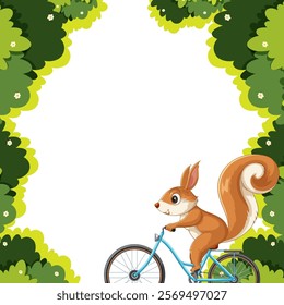 A squirrel joyfully rides a bicycle through greenery