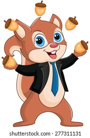 Squirrel juggling nuts, wearing suit and tie