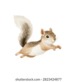 Squirrel jumping with bushy tail extended