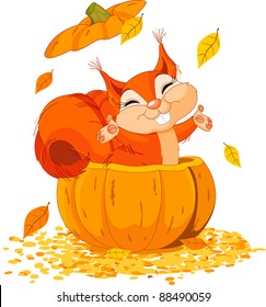 Squirrel jumping out from a pumpkin