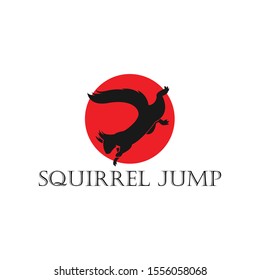 the squirrel jumps with the red circle and black silhouette logo design for the company