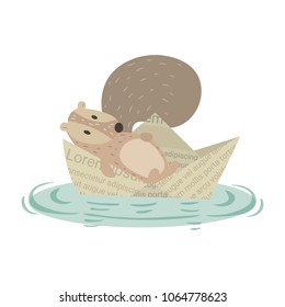 Squirrel laying on paper boat cartoon vector illustration. Cute squirrel pastel cartoon. 