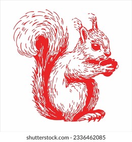 Squirrel line art sketch. Red and white vector illustration. Cute hand drawn animals.