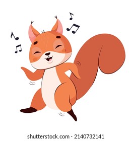 Squirrel listening to music and dancing. Happy animal with furry tail having fun, enjoying life, relaxing cartoon vector illustration. Rodent, party, celebration concept