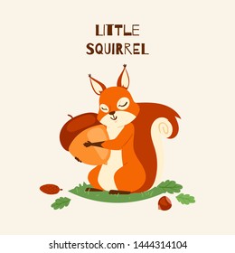 Squirrel little hugging acorn and standing on grass in forest banner vector illustration. Loving nuts. Animal likes eating food. Cute, lovely character. Forest. Falling leaves.