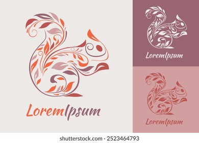 Squirrel logo with decorative leaves ornament, organic natural style logo can be used as logotype, icon, template in web and print