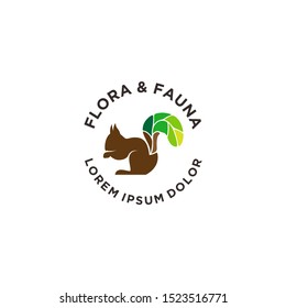 Squirrel logos, squirrels with green leaf tails showing nature between animals and trees, clean and simple design.
