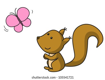 Squirrel is looking at the butterfly