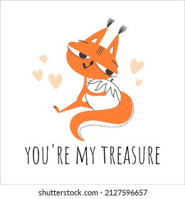 Squirrel in love with a nut. Vector cute illustration isolated on white background for prints about love, for children's prints, postcards