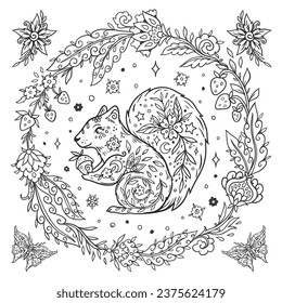 Squirrel mandala. Animal Vector illustration. Adult or kids coloring book page in Zen boho style. Antistress Peaceful drawing. Black and white