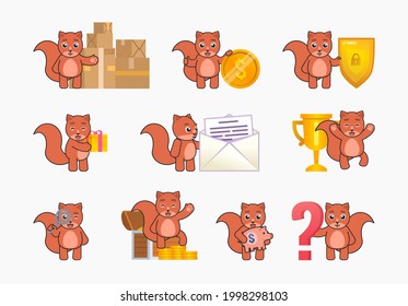 Squirrel Mascot In Various Situations. Cute Gopher Hold Magnifier, Stand Near Big Shield, Parcel Boxes, Letter, Question Mark And Show Other Actions. Vector Illustration Bundle