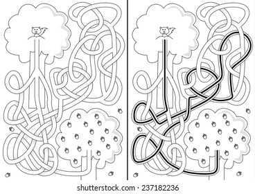 Squirrel maze for kids with a solution in black and white