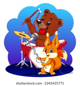 Squirrel with microphone in cartoon style. The bear plays the drums. Cheerful Squirrel and Bear. A beautiful drawing for children. Vector illustration.