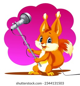 Squirrel with microphone in cartoon style. Cheerful Squirrel. A beautiful drawing of the Squirrel for children. Vector illustration.