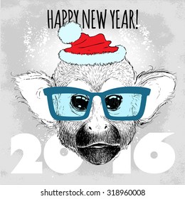 Squirrel monkey Hipster with blue glasses and Christmas hat. Merry Christmas and Happy New Year vector illustration for placard design, posters, fashion print and textile design. Hand drawn vector.
