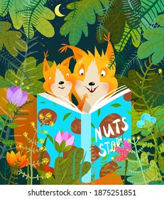 Squirrel mother and baby in forest reading story book to her cub studying and learning. Cute animal cartoon greeting card design for kids education. Children vector illustration in watercolor style.