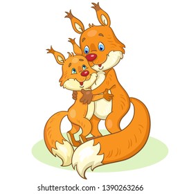 Squirrel mother and her child are hugging. In cartoon style. Isolated on white background. Vector illustration.