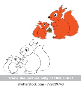 Squirrel Mother and her infant to be traced only of one line, the tracing educational game to preschool kids with easy game level, the colorful and colorless version.