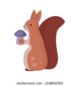 Squirrel with mushroom. Flat style. Vector illustration 