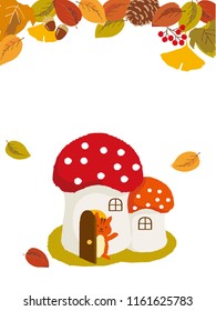 squirrel with mushroom house in autumn forest