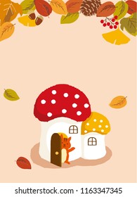 squirrel with mushroom house in autumn forest