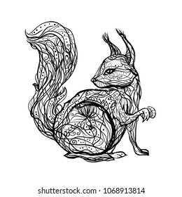 Squirrel with a mushroom in the paw - Black and white isolated linear ink contour drawing of a forest animal on a white background. Print on postcards, tattoo, book illustration.