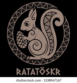 Squirrel named Ratatoskr, illustration from ancient Norse mythology, isolated on black, vector illustration