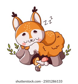 Squirrel naps on rock with mushrooms flat color vector illustration. Kawaii forest rodent looking fluffy and relaxed on white background