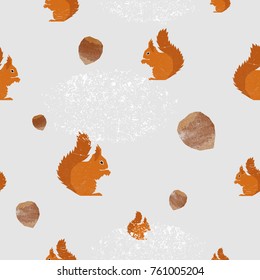 Squirrel with nut and grunge texture seamless pattern on gray background. Cute graphic animal illustration. Design for fabric, textile, decor.