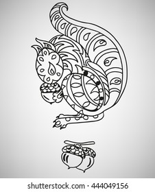 Squirrel with a nut. Hand-drawn with ethnic pattern. Coloring page - isolated on a white background. Zendoodle patterns. Vector illustration.