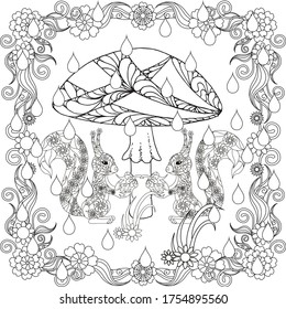 Squirrel with nut monochrome pig is hiding under mushroom from the rain in flower frame, doodle style anti stress stock vector illustration