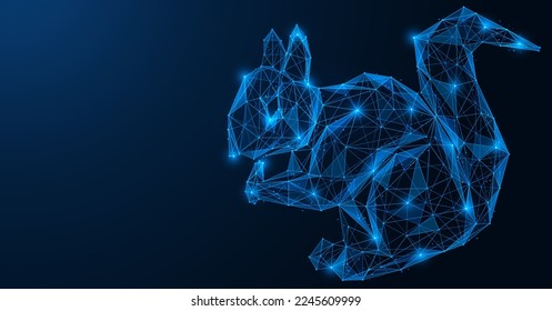 Squirrel with a nut. Polygonal design of interconnected lines and points. Blue background.