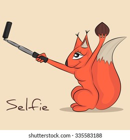 Squirrel with nut. Pretty animal makes selfie on mobile phone with selfie-stick. Funny illustration for prints. 