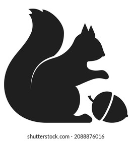 Squirrel With Nut Vector Black Silhouette Cartoon Isolated On White Background, Cute Squirrel Illustration