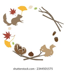 Squirrel and nuts, autumn frame with maple leaves, vector material.