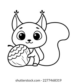 Squirrel with Nuts Coloring Page Cartoon Vector Illustration